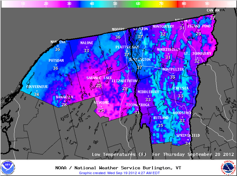 A map of predicted low temperatures from the National Weather Service in Burlington from the morning of September 20th, 2012