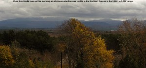 An image of the snow line on Mt. Mansfield and some of the Northern Green mountains in Vermont in early November