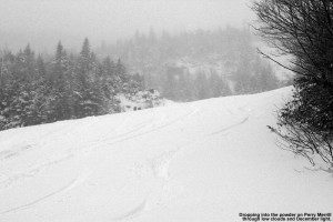 An image of ski tracks in powder on the Perrill Merrill trail at Stowe Mountain Resort in Vermont