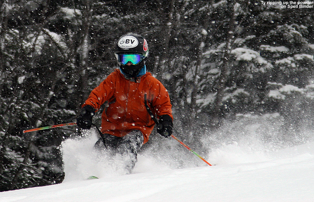An image of Ty skiing in about a foot of Champlain powder on the Spell Binder trail at Bolton Valley Ski Resort in Vermont
