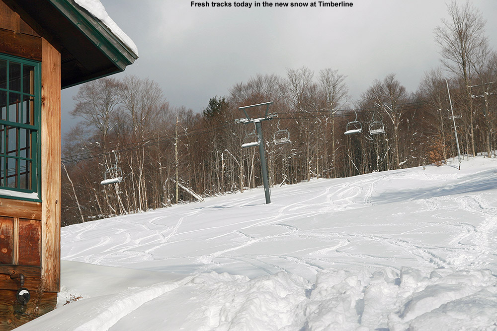 An image of ski tracks near the base of the Timberline area at Bolton Valley Ski Resort in Vermont