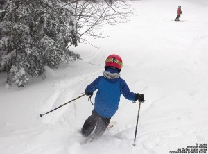 An image of Dylan skiing some powder at the Bottom of the Upper Smugglers trail at Stowe Mountain Resort in Vermont