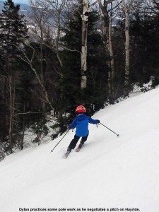 An image of Dylan skiing the Hayride trail at Stowe Mountain Resort in Vermont