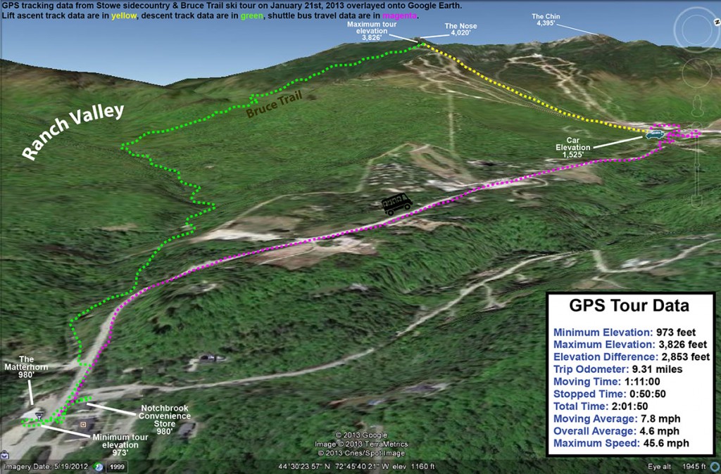 A Google Earth GPS track showing a ski tour on the Bruce trail near Stowe Mountain Resort in Vermont