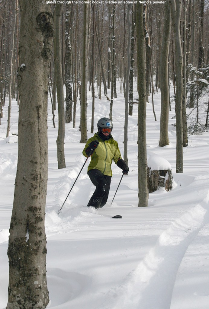 An image of Erica Telemark skiing in powder in the Corner Pocket Glades at Bolton Valley Resort in Vermont