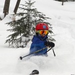 An image of Dylan skiing powder in the KP Glades at Bolton Valley Resort in Vermont after winter storm Nemo hit the area