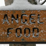 An image of the sign for the Angel Food trail in the sidecountry ski terrain at Stowe Mountain Resort in Vermont