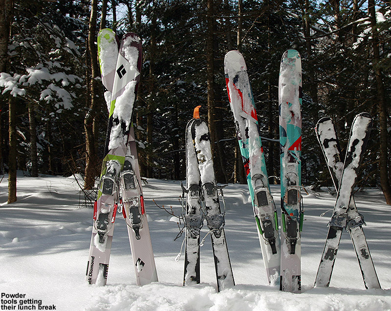 An image of Black Diamond AMPerage, Black Diamond Element, and two pairs of Volkl Gotama Junior skis mounted with Telemark bindings and sitting in the snow near the Bryant Cabin on the Bolton Valley Backcountry Network in Vermont