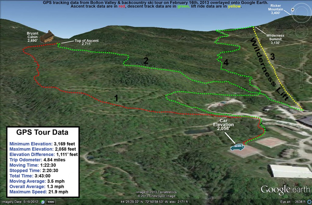 An image of a Google Earth map showing the GPS track of a ski tour on the alpine, Nordic, and backcountry areas at Bolton Valley Resort in Vermont on February 16th, 2013