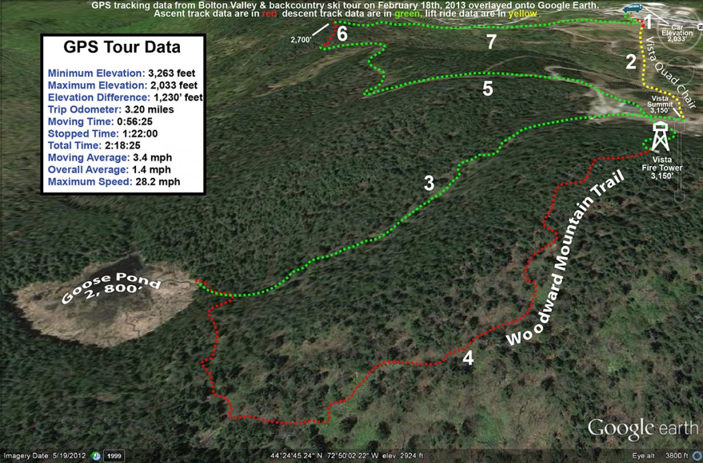 A Google Earth map showing the GPS track for a ski tour of Bolton Valley Resort in Vermont and the nearby backcountry on February 18th, 2013