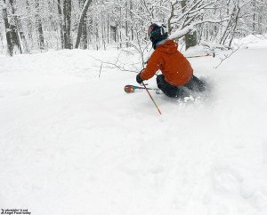 An image of Ty skiing in soft snow on Angel Food at Stowe Mountain Resort in Vermont.