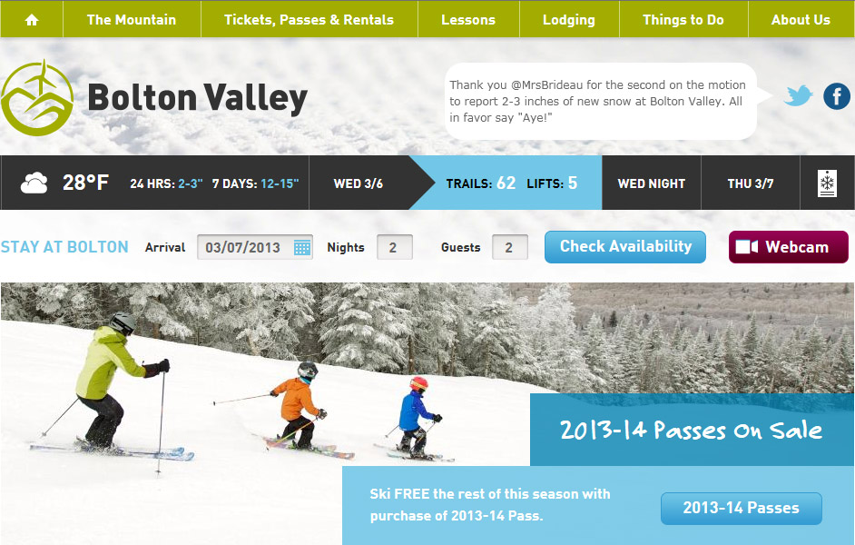 A screen shot from the homepage of Bolton Valley Ski Resort in Vermont showing an image of Erica, Ty, and Dylan skiing in a line.