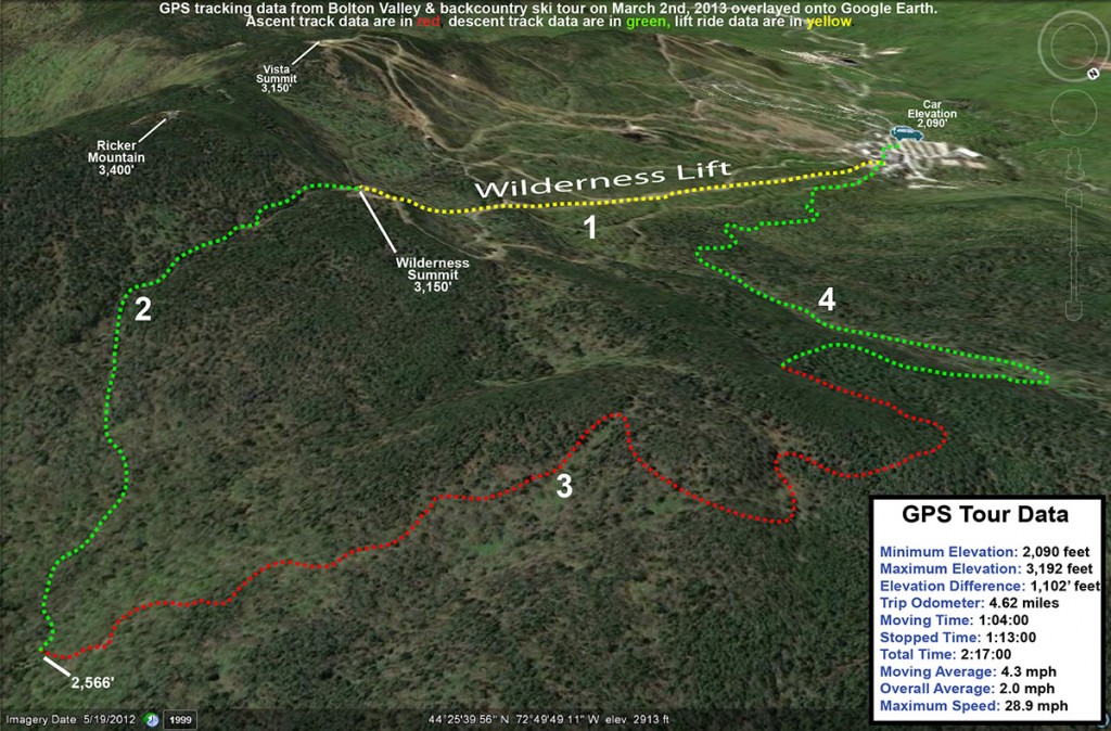 A Google Earth map with GPS tracking data from a front and backcountry ski tour at Bolton Valley Resort in Vermont on March 2nd, 2013 