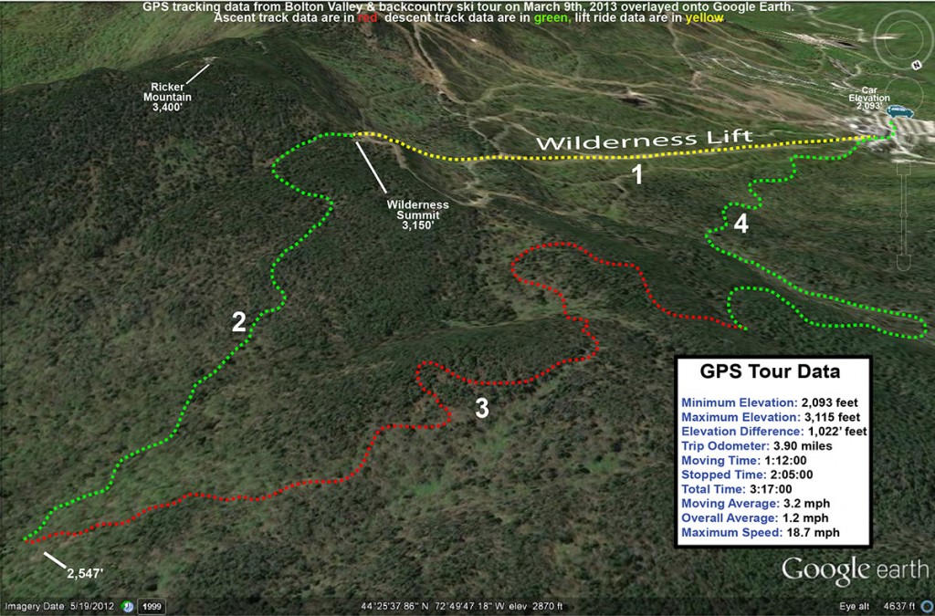 A Google Earth map with GPS tracking data from a front and backcountry ski tour at Bolton Valley Resort in Vermont on March 9th, 2013 