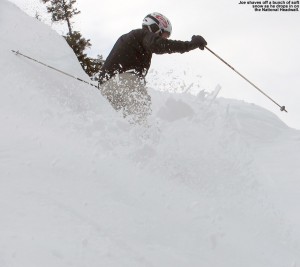 An image of Joe dropping into the steep headwall of the National Trail at Stowe Mountain Ski Resort in Vermont