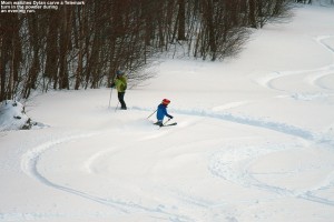 An image of Dylan making a Telemark turn in powder snow while E looks on at Bolton Valley Ski Resort in Vermont