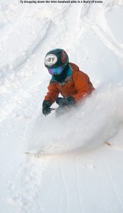 An image of Ty skiing in powder down the Intro headwall area at Bolton Valley resort in Vermont