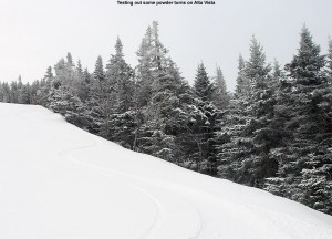 An image of ski tracks in powder snow on the Alta Vista trail at Bolton Valley Resort in Vermont