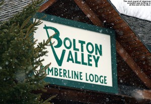An iamge of the Timberline Lodge sign at Bolton Valley Ski Resort in Vermont