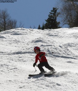 An image of Dylan skiing on Stein's Run at Sugarbush on spring snow in May