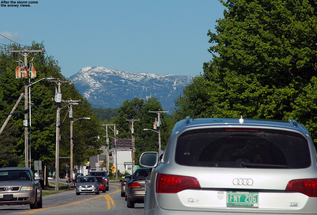 An image of snow-capped Mt. Mansfield in Vermont from the west after a Memorial Day snowstorm