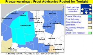 A map from the National Weather Service Office in Burlington, Vermont outlining the first fall 2013 frost advisories and freeze warnings for parts of Northern New England and New York