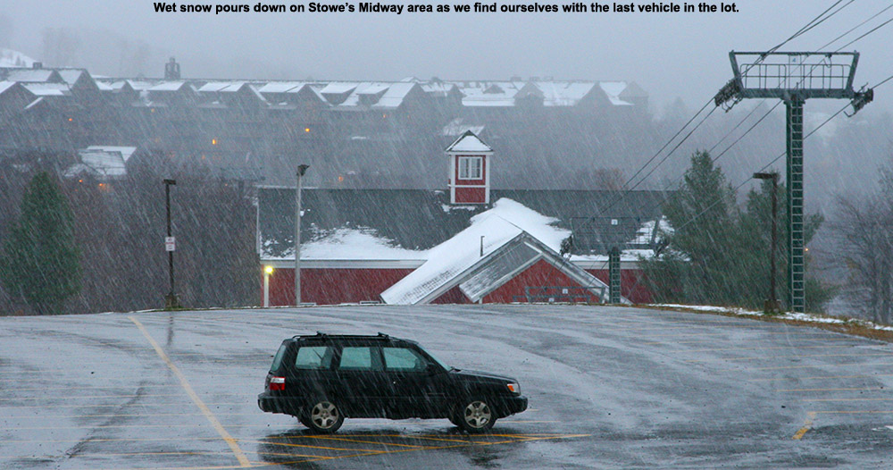 An image of heavy, wet snow falling near the Midway area at Stowe Mountain Resort in Vermont during an October storm