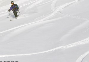 Jay Telemark skiing in powder at Bolton Valley Resort in Vermont on a pair of Black Diamond AMPerage fat skis