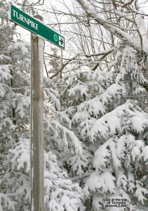 An image of the Turnpike ski trail sign with snowy trees at the Bolton Valley Ski Resort in Vermont
