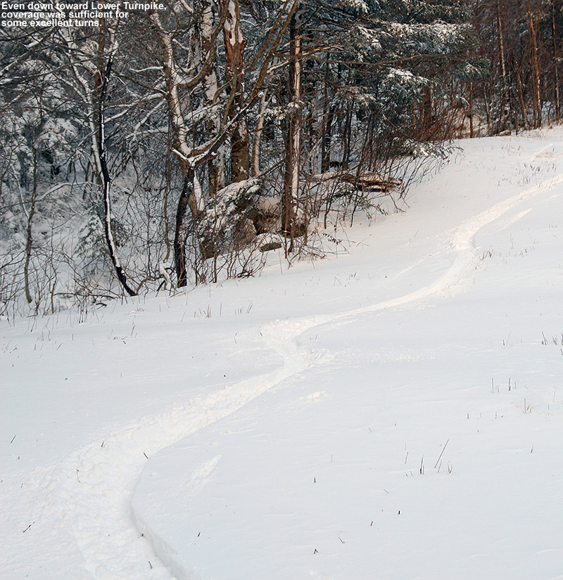 An image of a ski track in powder along the edge of the Turnpike trail at Bolton Valley after a November snowfall