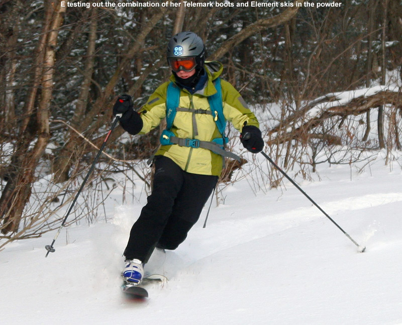 An image of Erica skiing in powder on the Cougar trail at Bolton Valley Resort in Vermont