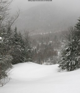 An image looking down the Vermont 200 trail filled with powder at Bolton Valley Ski Resort in Vermont