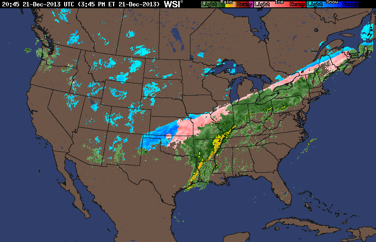 An image of a national radar map showing a long frontal boundary spread across the United States