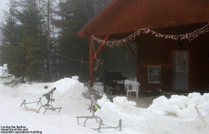 An image of the mid mountain operations building with holiday decorations at Bolton Valley Ski Resort in Vermont