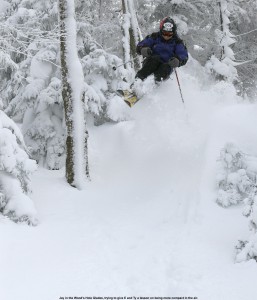 An image of Jay jumping into deep powder on the Duva Horn trail at Bolton Valley Ski Resort in Vermont