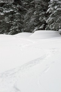 An image of ski tracks on the Peggy Dow's trail at Bolton Valley Ski Resort in Vermont