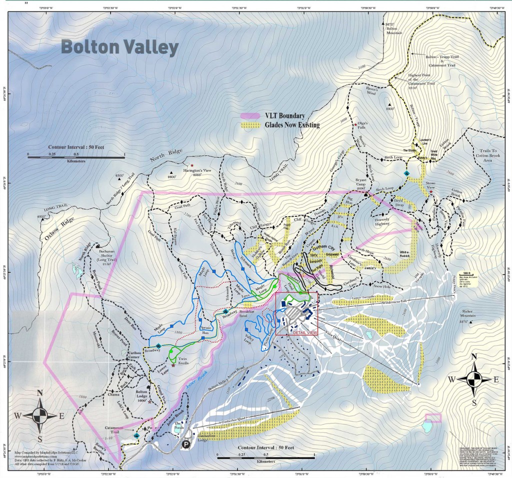A map of the Bolton Valley Nordic and Backcountry Network for the 2013-2014 ski season