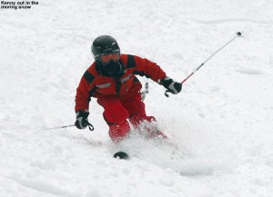 An image of Kenny skiing soft snow on the Lower tyro trail at Stowe Mountain Resort in Vermont