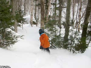 An image of Ty skiing powder in the trees near the West Run trail at Stowe Mountain Resort in Vermont