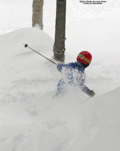 An image of Dylan skiing powder on Dynamite at Bolton Valley Resort in Vermont