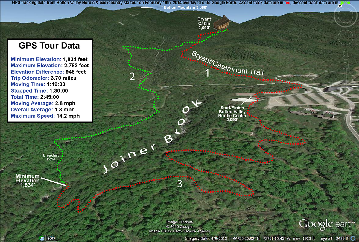 An image of a Google Earth map with GPS tracking data for a ski tour on February 16th, 2014 at Bolton Valley Ski Resort in Vermont
