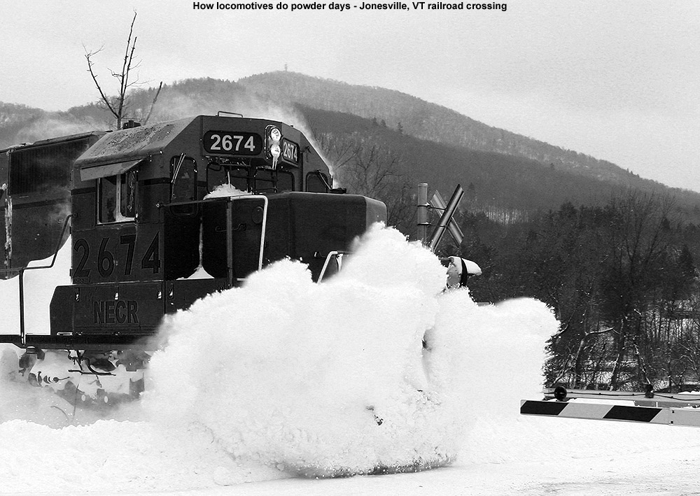 An image of a locomotive hitting the snow at the Jonesville railroad crossing in Vermont