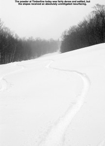 An image of ski tracks in powder snow on the Twice as Nice trail at Bolton Valley Ski Resort in Vermont
