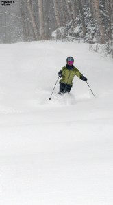 An image of Erica skiing the Duck Walk trail at Stowe Mountain Resort in Vermont