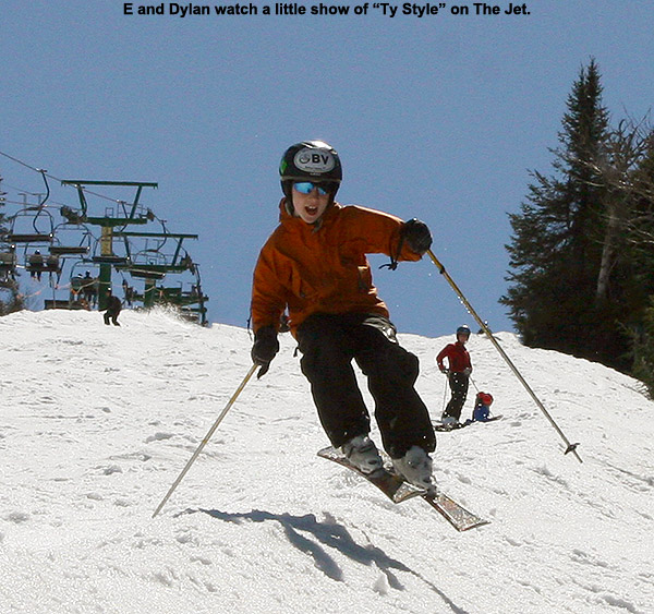 An image of Ty jumping on skis on The Jet trail at Jay Peak Resort in Vermont