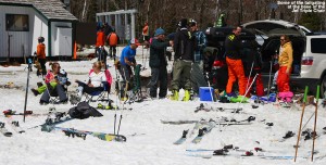 An image of tailgating skiers at the base of the Jet Triple Chair at Jay Peak Ski Resort in Vermont on Mother's Day 2014