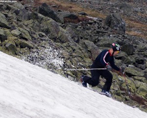 An image of Jay skiing the snowfields of Mt Washington in New Hampshire in June