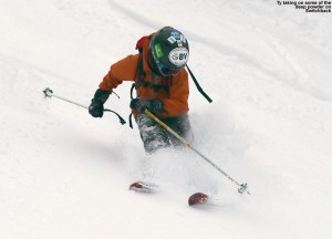 An image of Ty skiing powder on the Switchback trail at Stowe Mountain Resort in Vermont