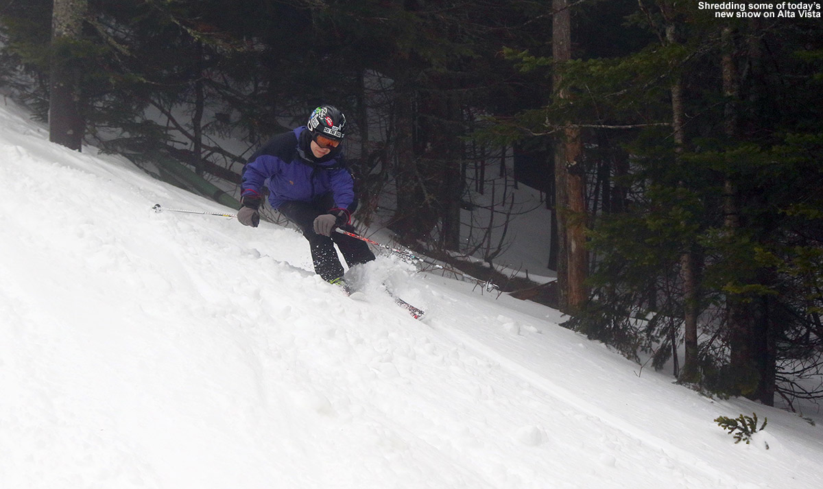 An image of Jay skiing some dense powder on the Alta Vista trail at Bolton Valley Ski Resort in Vermont