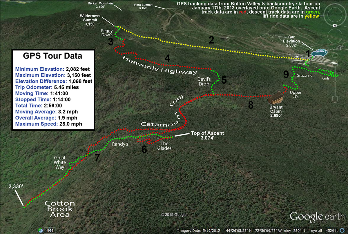 A Google Earth image showing GPS tracking data from a backcountry ski tour in the Bolton Valley backcountry in Vermont